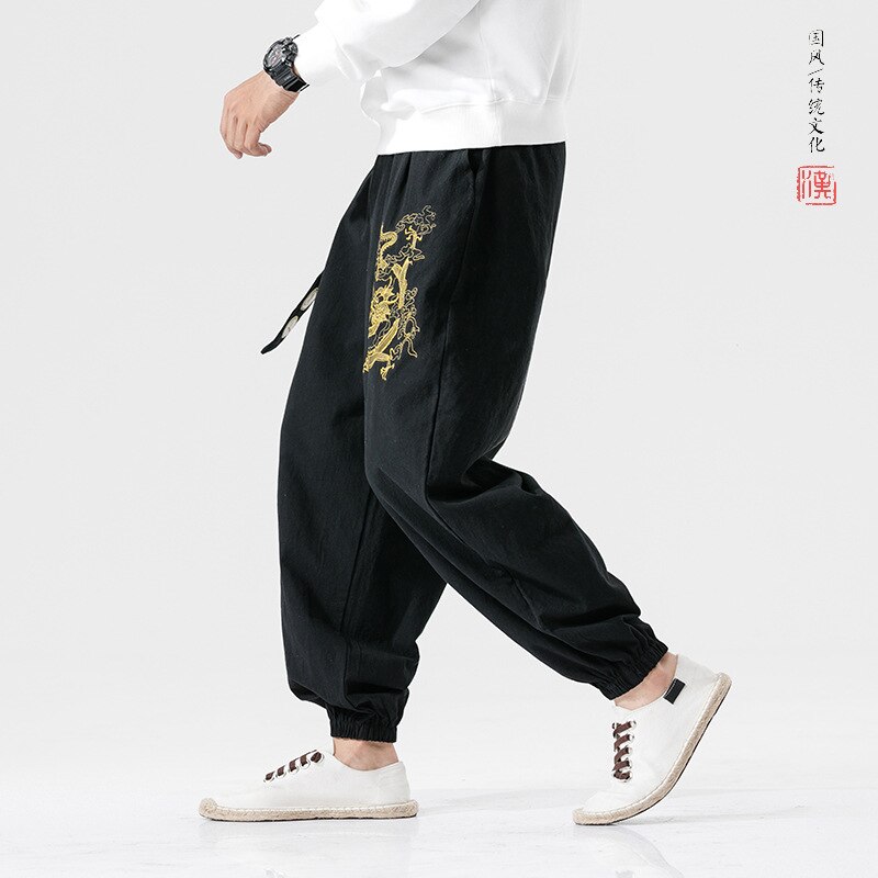 Japanese Casual Kimono Pants Dragon pattern Loose Samurai Print Trouser Japan Men Traditional Asian Costume Yukata Style Cotton