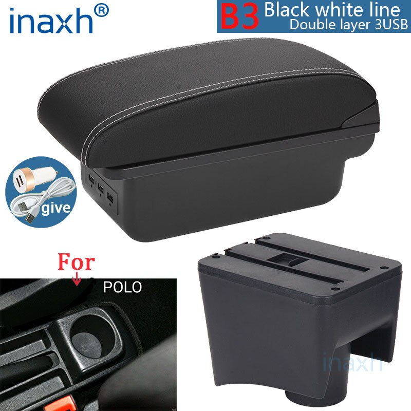 Für Volkswagen Polo Armlehne neue Für VW Polo Mk5 6R Vento Auto Armlehne Kasten Innen Teile Lagerung Kasten Auto Zubehör -2018USB: B3 Schwarz Weiß 3USB
