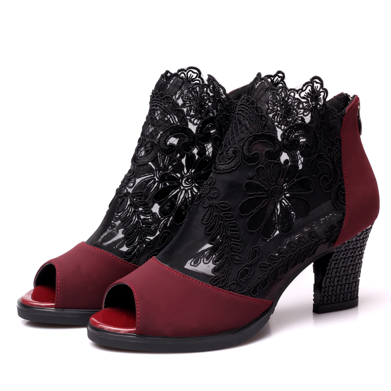 USHINE 5363 Hak 7 cm Zwart Rood Kant Outdoor Indoor Moderne Square Dance Schoenen Buck Zip Ballroom Latin Dance Schoenen vrouwen