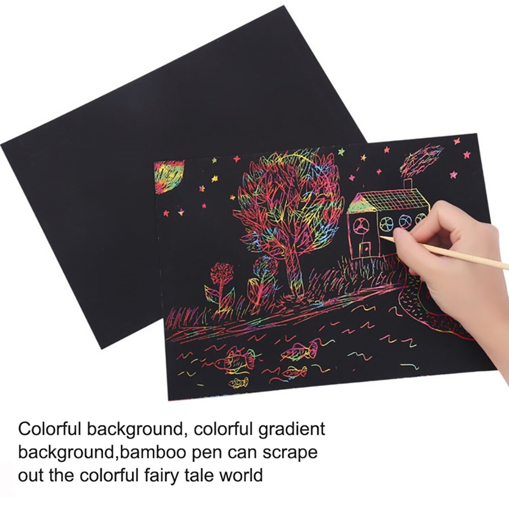 50 Pcs Art Paper Cards Magic Color Rainbow Scratch Art Painting Paper Cards with 5 Graffiti Stencils 5 Bamboo Pens for Drawing