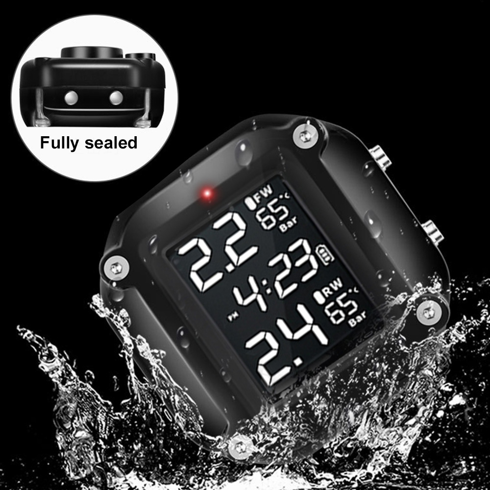 Motorcycle TPMS - LCD Display - 2 External Sensors - Waterproof - Battery Operated