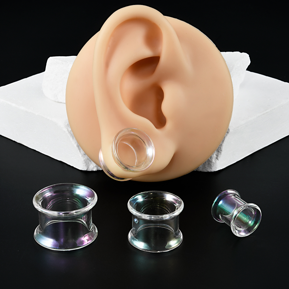 2PCS Round Glass Hollow Flared Ear Plug And Tunnel Ear Expander Strencher Ear Gauges Transpsrent AB Rainbow Earrings Jewelry