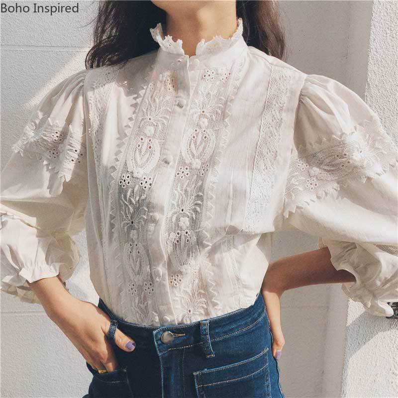 De inspiración Bohemia hueco encaje camisas de manga larga, blusa de las mujeres Floral bordado blanco Camisas de mujer BOHO camisa blusas