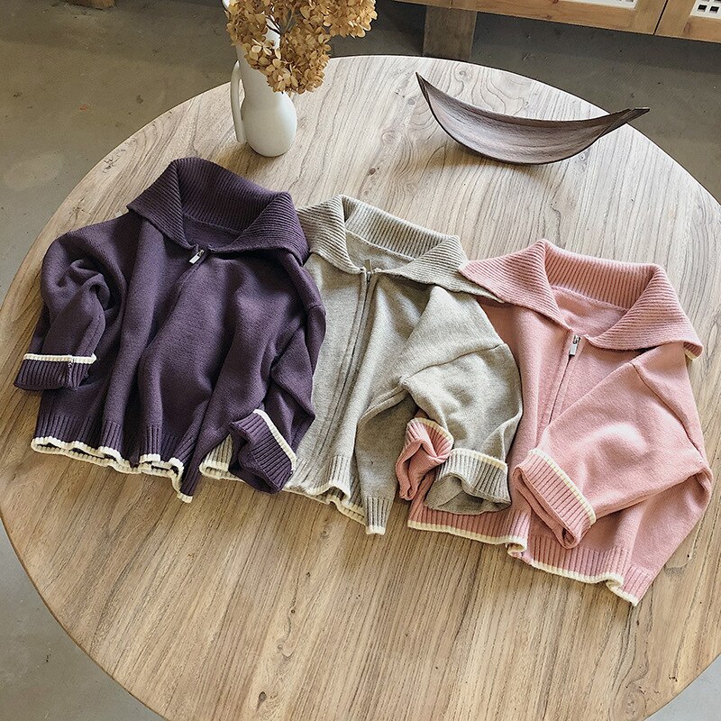 Enfants automne grand revers Cardigan chandails enfant en bas âge garçons et filles à manches longues infantile décontracté couleur unie fermeture éclair manteau hauts