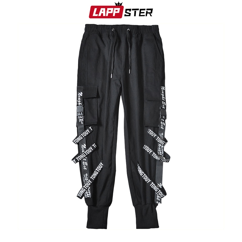 Lappster herr japansk streetwear cargo byxor herr band hip hop overall joggingbyxor man svart mode träningsbyxor