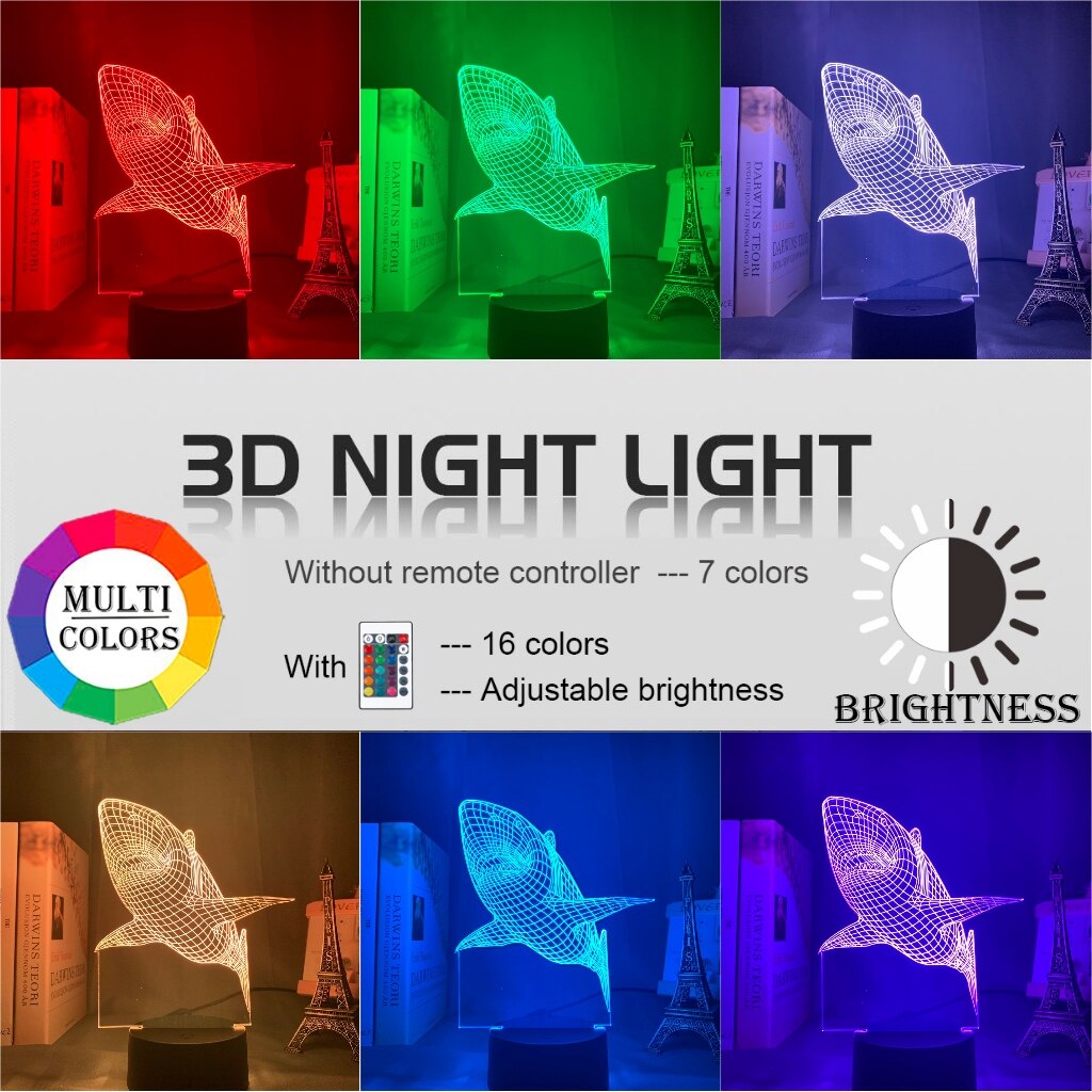 Animal 3D Illusion Lamp Shark Acrylic Baby Night Light for Work Room Decor Kids Child Bedroom Nightlight Cool Birthday