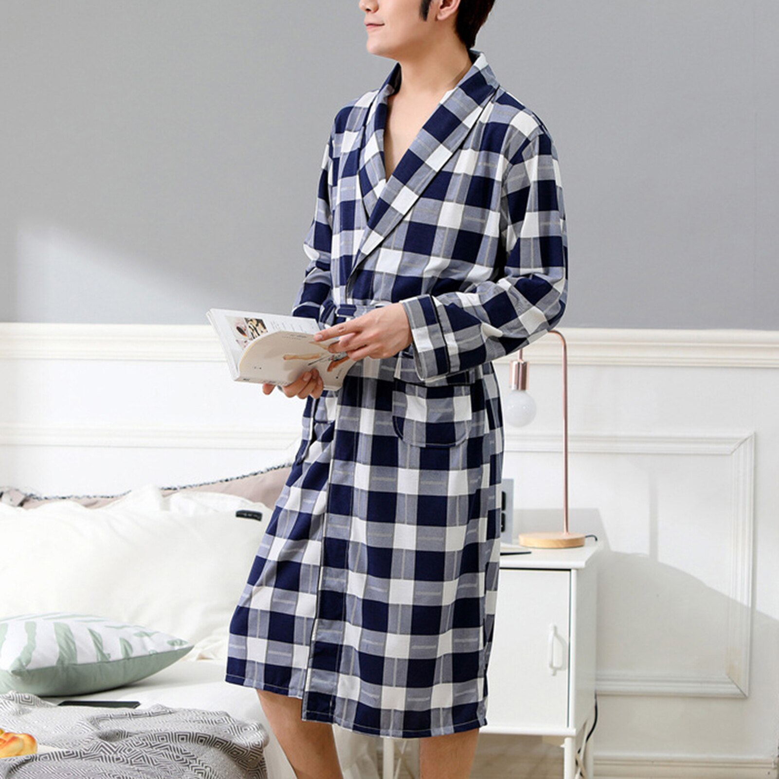 Los hombres casa de verano trajes de hombre ropa de dormir pijamas casuales de los hombres de Color suave de bolsillos de manga larga traje de baño bata de Casa ropa de dormir