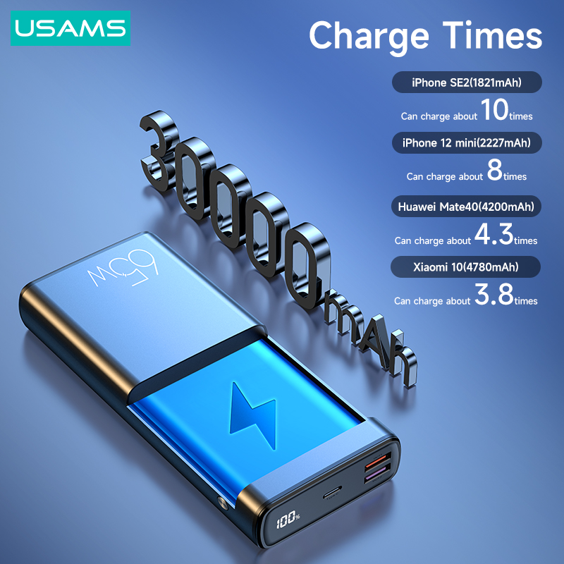 Usams Pd 65W Power Bank 30000Mah Qc Fcp Afc Snel Opladen Powerbank Voor Laptop Smartphone Tablet Schakelaar Draagbare externe Batterij