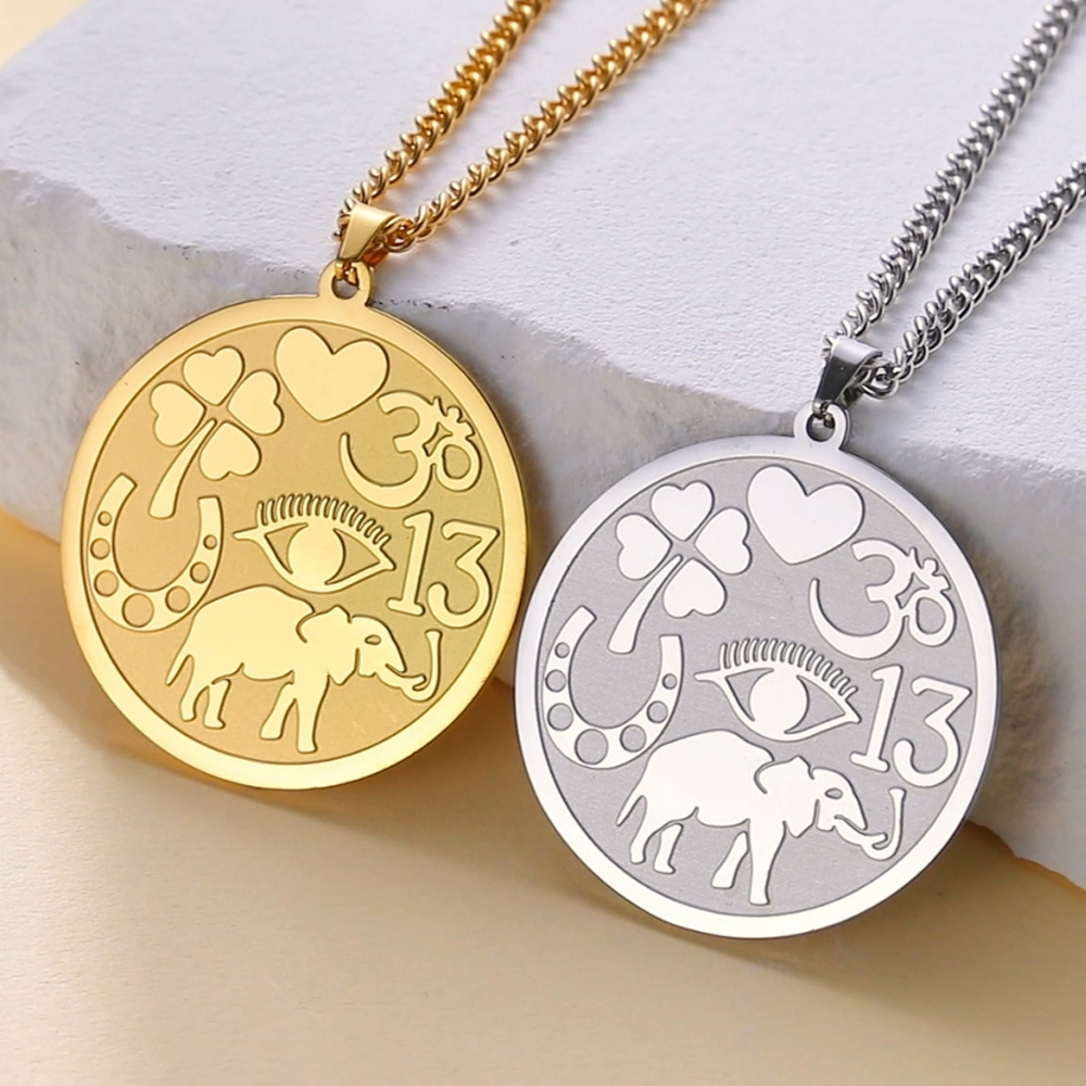 Colar de homens Sorte Elephant Medallion colar poderoso amuletos de proteção Quatro folhas Clover Ohm Symbol Horseshoe Evil Eye colar jóias de aço inoxidável