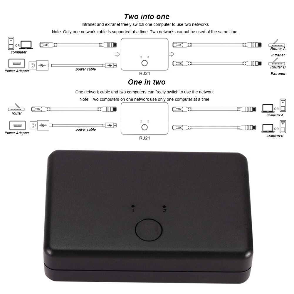 Mini interruptor de red LAN CAT Selector portátil de 2 puertos para escritorio, Universal, para hogar y oficina, Hub estable, Internet externo interno