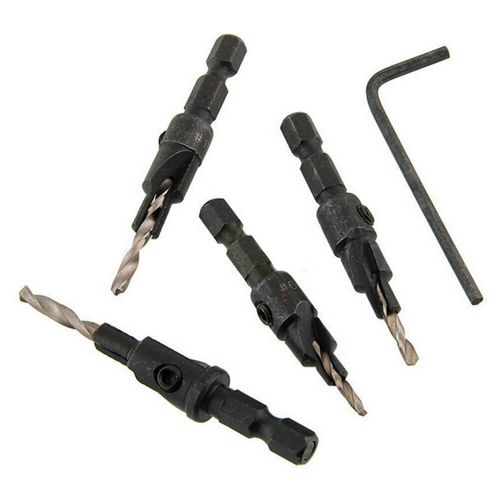 T# 4 Pcs 1/4 Inch Hss Hex Shank Countersink Tapered Drill Bit Set With Wrench Quick Change Cone Reaming Wood Woodworking Tools