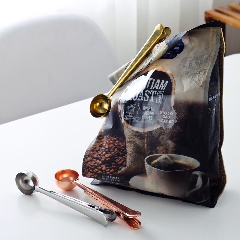 1pc roestvrijstalen multifunctionele voedsellepels, melk, thee, gemalen koffie, schepjes met zakjesklem, afsluitpoeder, drinkgerei, gereedschap