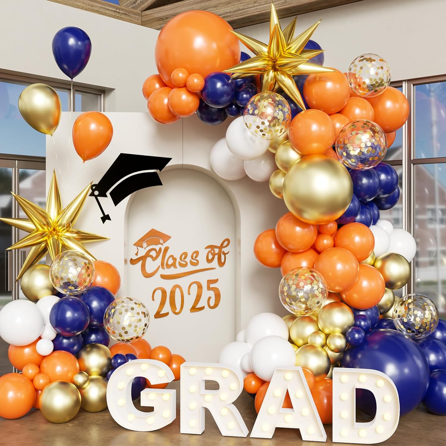 El juego de arco de globos de graduación incluye decoraciones de arco de globos azul, blanco y dorado, adecuadas para decoraciones de clase de 2025