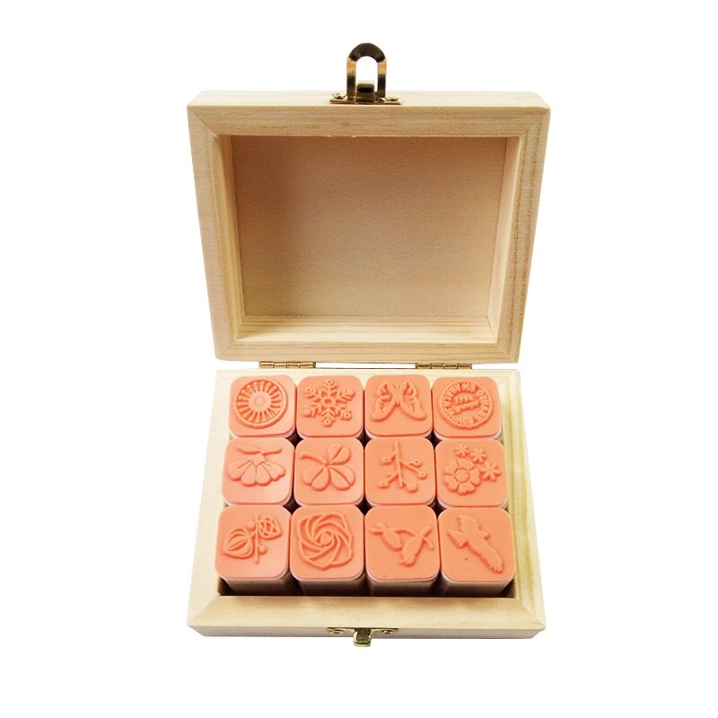 12 Pcs/set Kawaii Nature Pattern Stamps Sets Wooden Rubber Stamp for Scrapbooking Stationery Painting Cards Decor