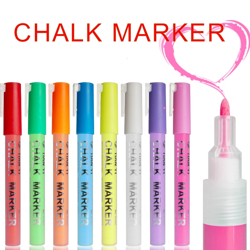 8 Stuks 3Mm Levendige Kleur Krijt Marker Fluorescerende Plaat Speciale Pen Water Wasbare 8 Kleuren Liquid Chalk School Kantoor briefpapier