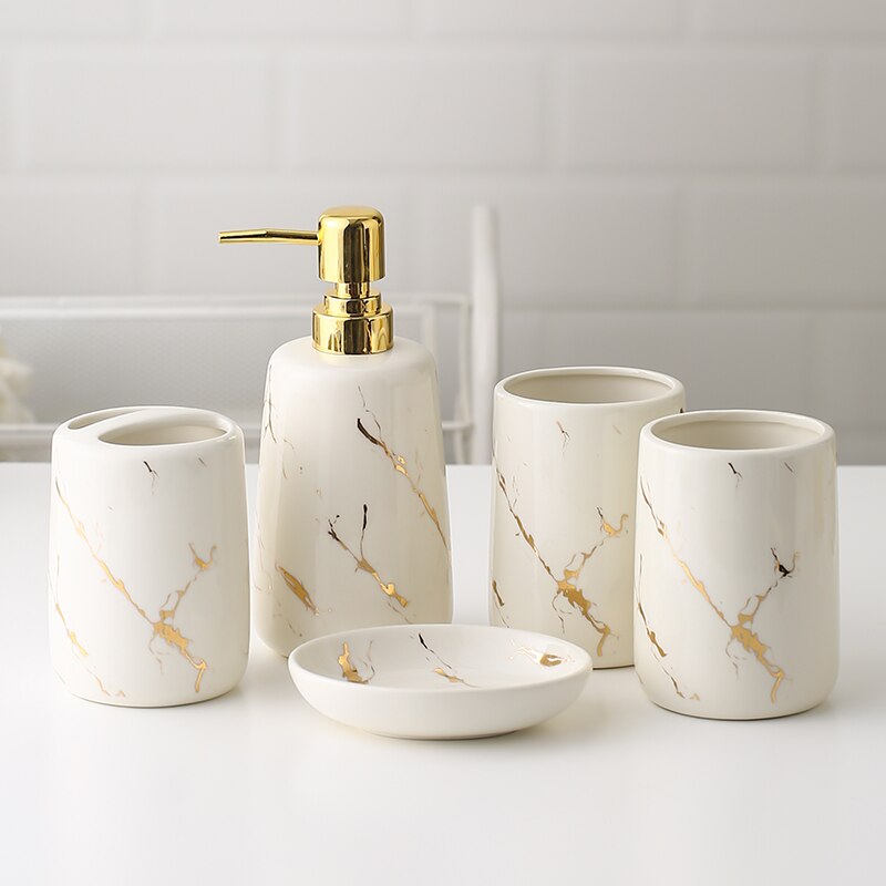 Ceramic imitation marble bathroom accessories set washing tools mouthwash cup soap toothbrush holder wedding supplies: c