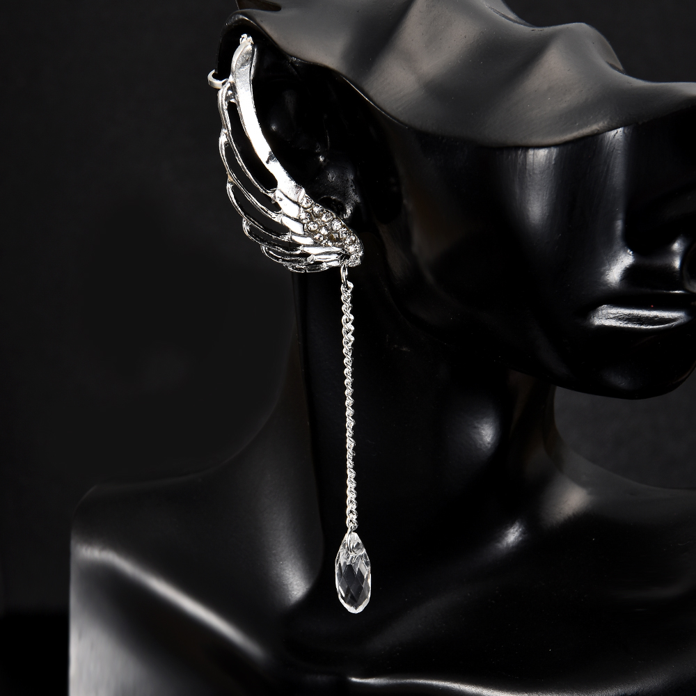 Plated Angel Wing Stylist Crystal Oorbellen Dangle Ear Stud Voor Vrouwen Lange Manchet Oorbel