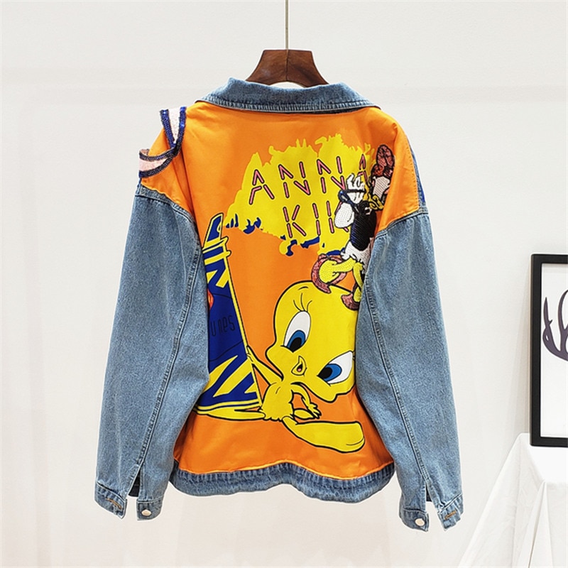 Chaqueta vaquera con estampado de dibujos animados para mujer, chaqueta vaquera con lentejuelas para mujer, ropa de calle, abrigo vaquero de manga larga, prendas de vestir holgadas, novedad de Otoño de