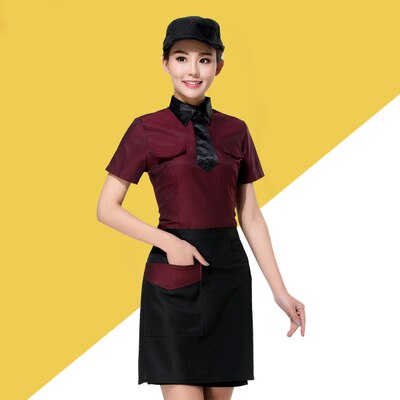 Arbeit Uniform Sommer Kurzarm Krawatte Hemd + Tasche Schürze einstellen 2 Stück Kuchen Einkaufen Arbeitskleidung Günstige kassierer Uniform: Frauen / M
