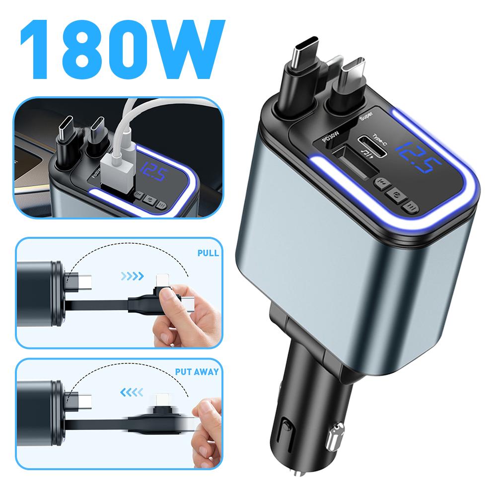 5-in-1 Auto Oplader - 180W Intrekbare USB Snellader met Bluetooth Verlichting voor Vrachtwagens SUV's