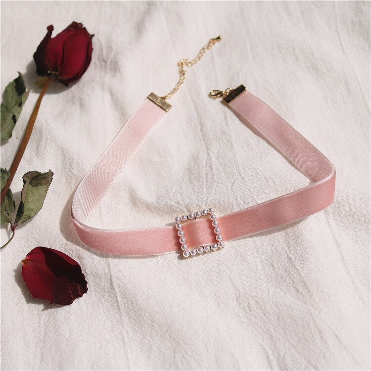 Vintage Pearl Velvet Chokers naszyjniki dla kobiet dziewczyn śliczne Retro geometryczne serce kołnierz naszyjnik biżuteria sztuczna hurtownia prezent: N0451 Pink Square
