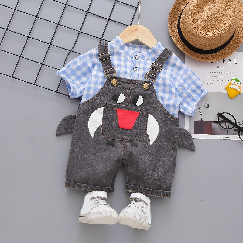 Sommer Kleinkind Jungen lässig Denim Overall Baby freundlicher Grün Plaid kurzarm Shirt Hosenträger Schlauch