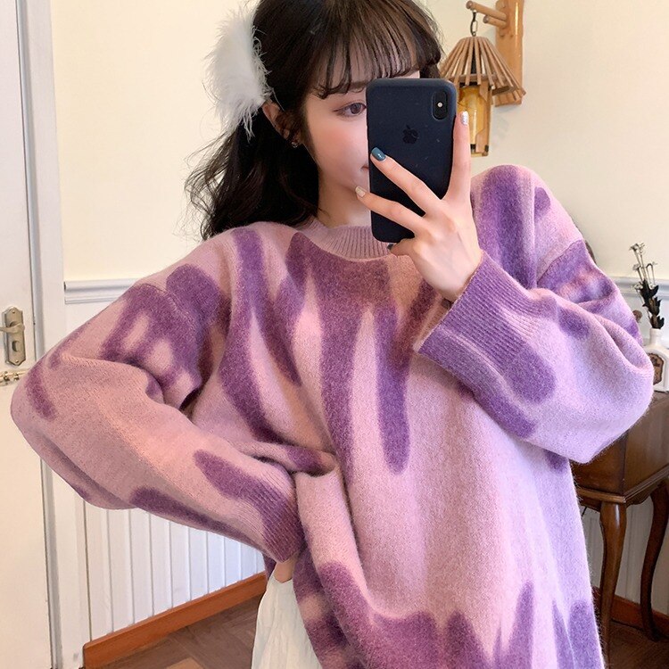 Oversized Sweater Green Pullover Women Knitted Sweater Loose Tops Winter O-Neck Harajuku Sueter Mujer pull Tie Dye Outerwear: purple