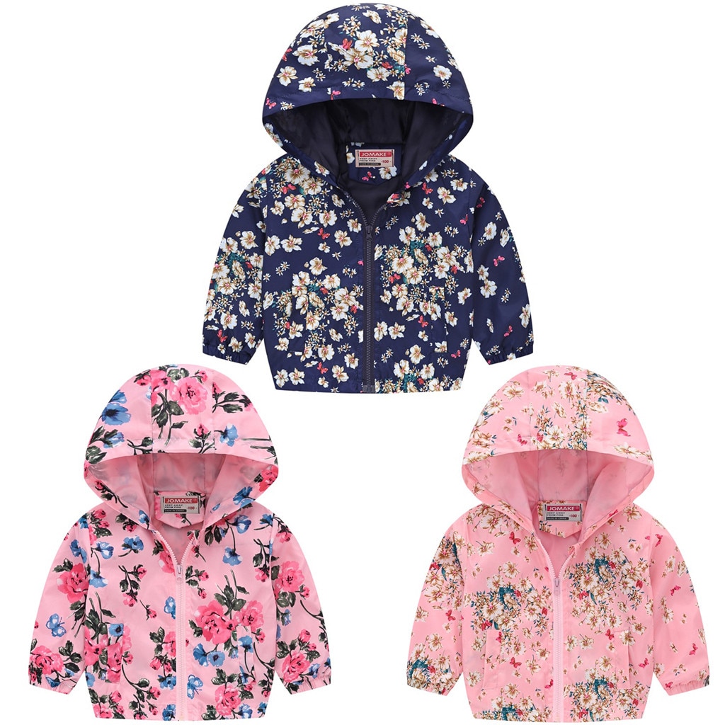 Autumn Winter Warm Baby Girls Coat Toddler Kids Baby Grils Boys Long Sleeve Floral Print Zipper Hooded Coat Jacket