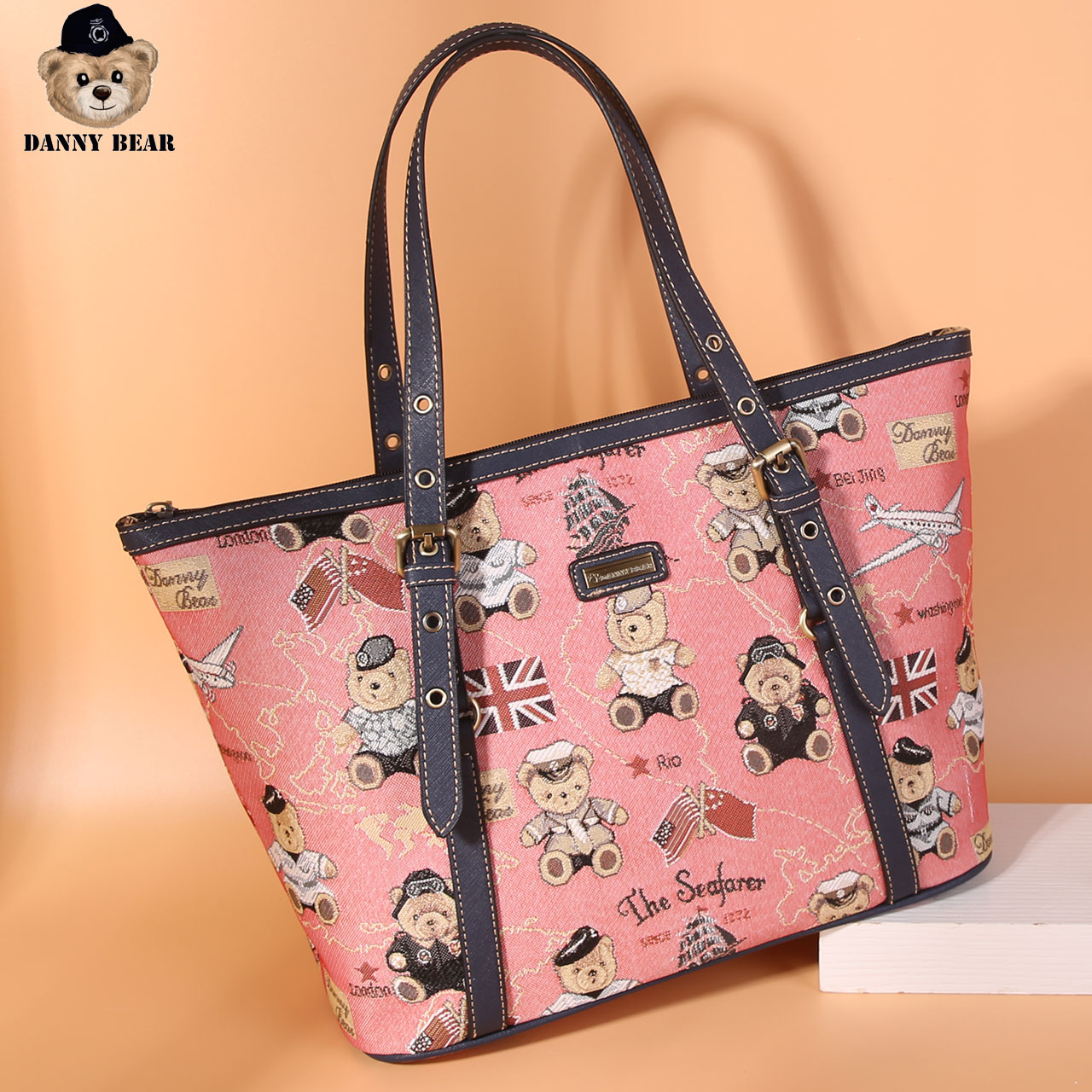 Danny Bear Navigation Bear Series Vintage Fabric Material Tote Bag Women Shoulder Bag DMB9115045-160R: Pink