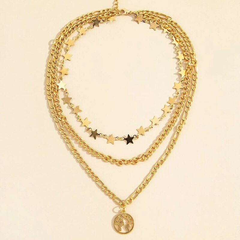 Multilevel Gold Map Pendant Jewelry For Women Wedding Tassel Star Chain Choker Necklaces N0274