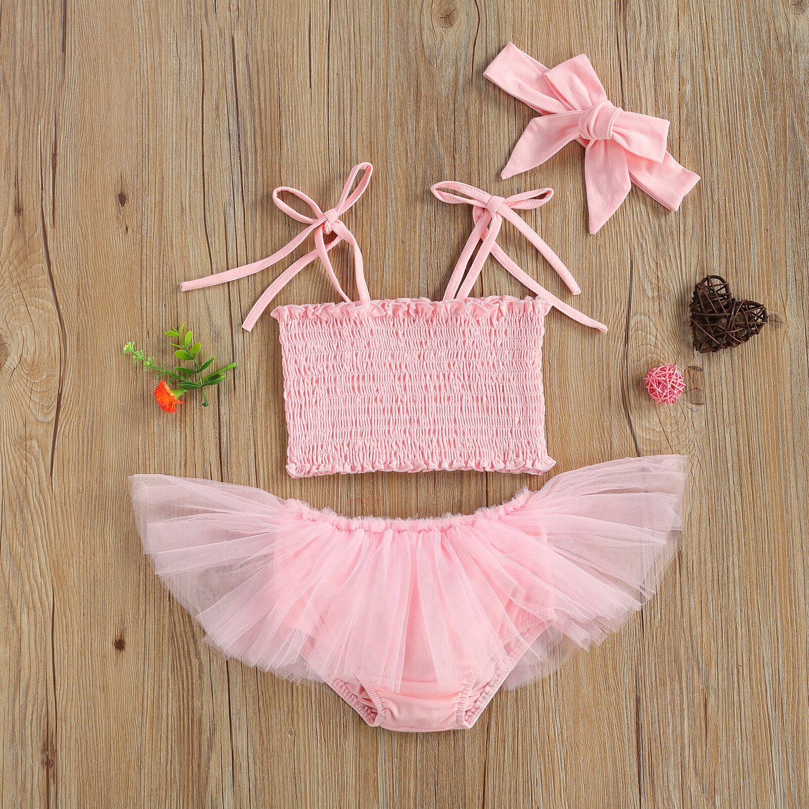 Infant Baby Girls Princess 3pcs Set Lovely Pleated Solid Sleeveless Tie Up Camisole +Mesh Shorts + Hair Band Children Clothes