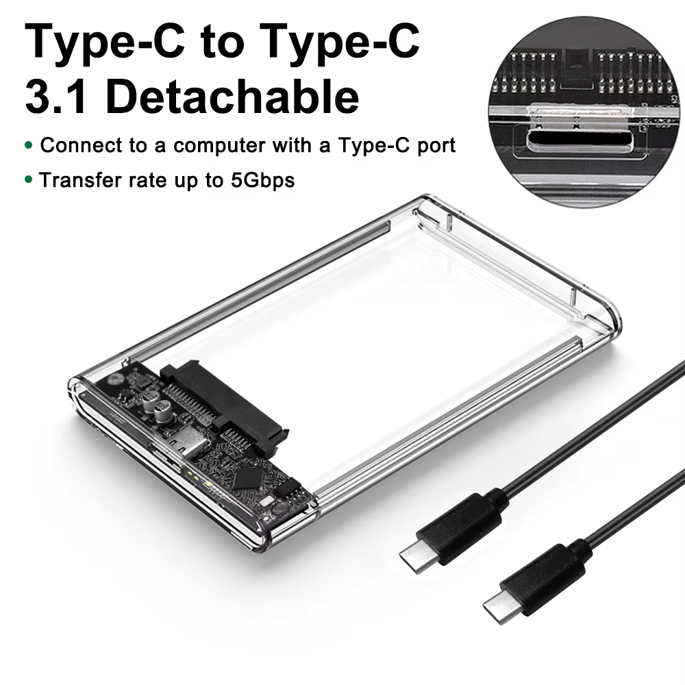 2.5'' External Hard Drive Enclosure USB 3.0 / 3.1 Type C to SATA III HDD Adapter 5Gbps Tool Free Clear External Hard Drive Case: WHITE