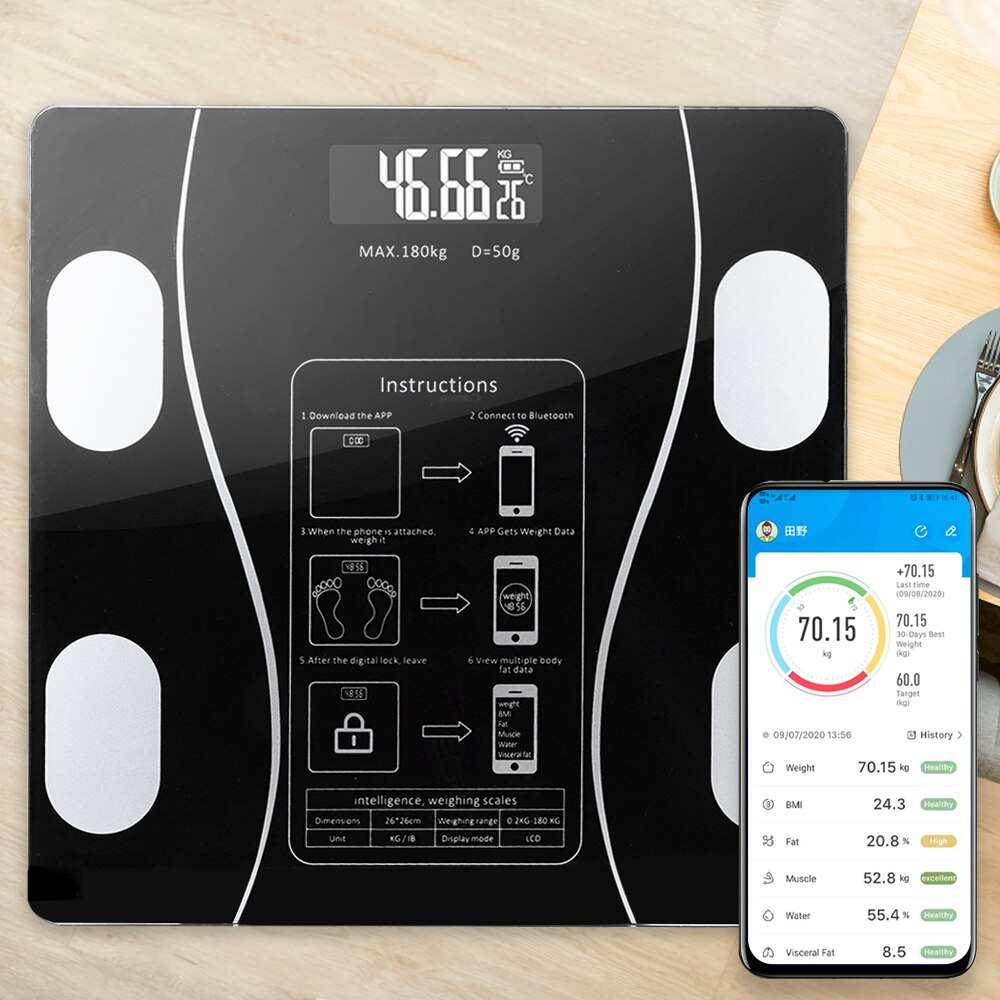 Bluetooth-skalaer balance kropssammensætningsanalysator masse bmi kropsfedtvægt badeværelse smart baggrundsbelyst skærmskala uden batteri
