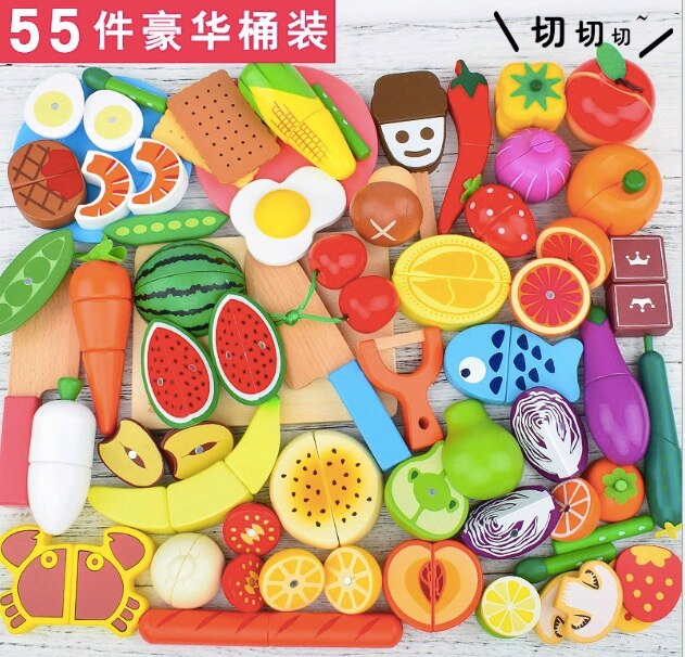 Wooden cutting fruit kitchen toy Food Toys Fruit Fish Vegetable Blocks Montessori preschool educational toy kids Birthday: 55pcs