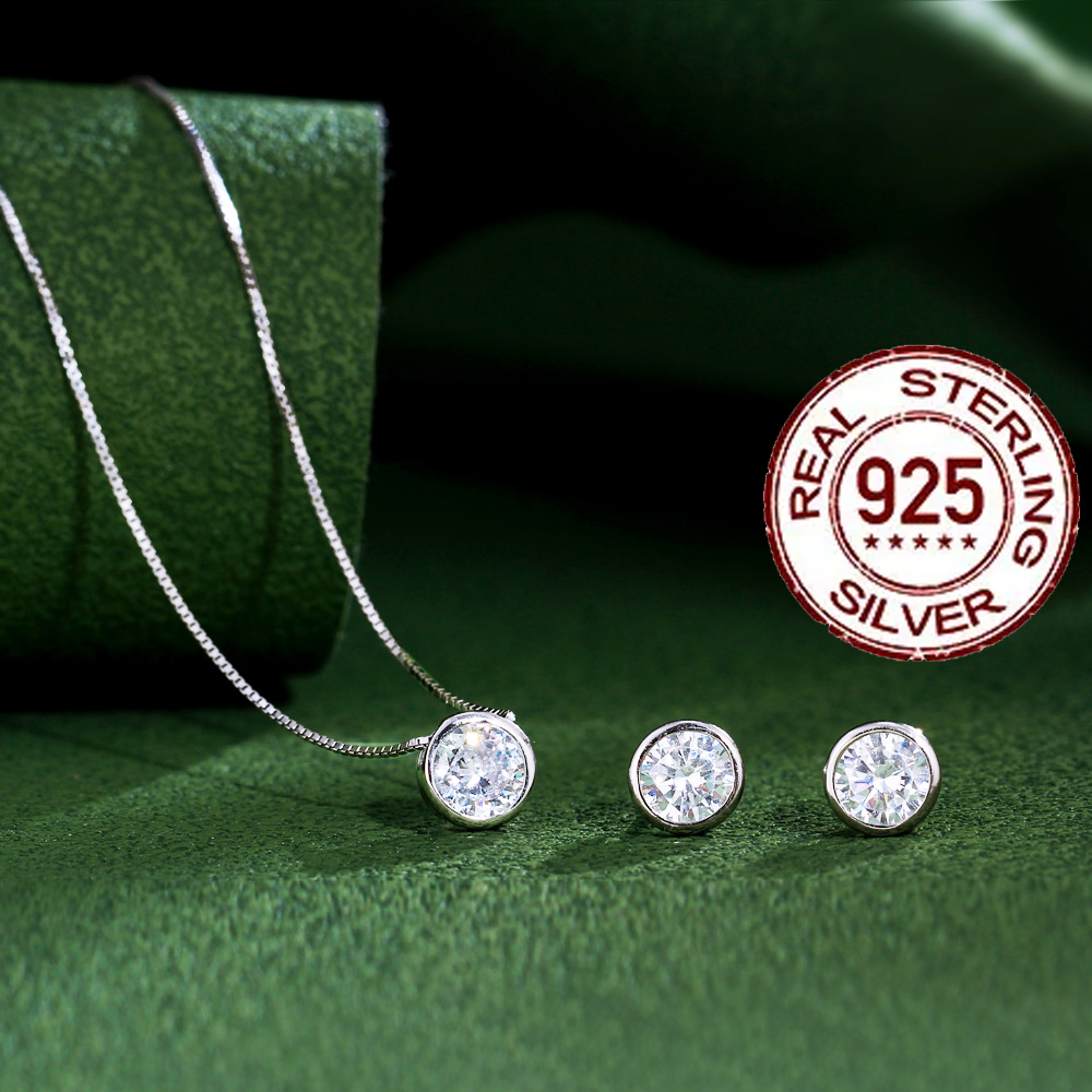 CWWZircons, conjunto de joyería de plata de ley 925 auténtica, circonita cúbica redonda brillante, collar Simple, pendientes para mujer, boda ST001: Default Title