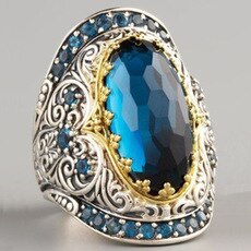 Milangir Big Blue Stone Ring for Men Punk Jewelry Carved Pattern Knuckle Rings Men Championship Rings