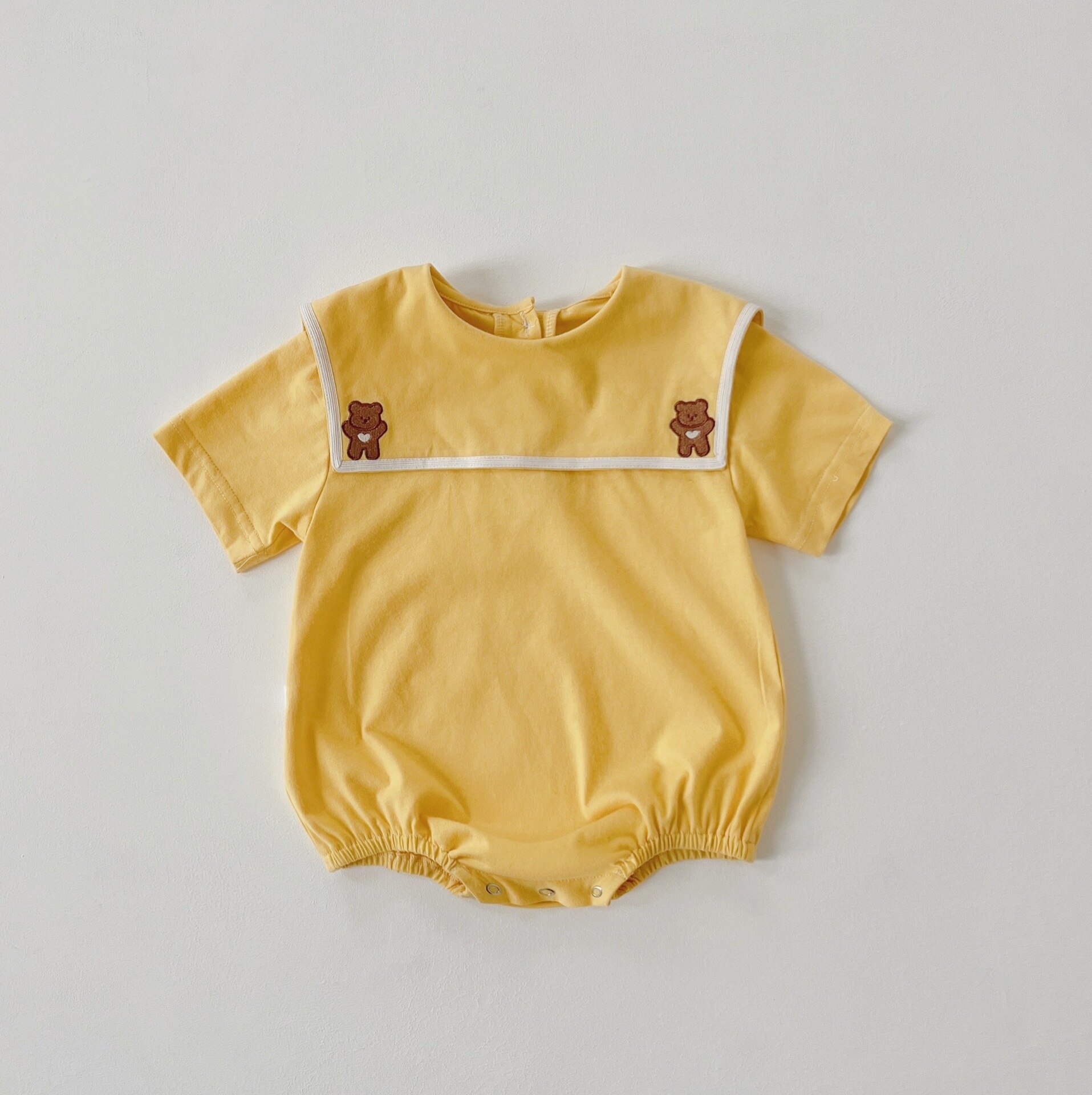 2022 Mode Baby Jongens Korte Mouw Bodysuit Peuter Meisjes Cartoon Beer Borduurwerk Jumpsuit Outfits Sailor Kraag Kleding: yellow / 3-6M 66cm