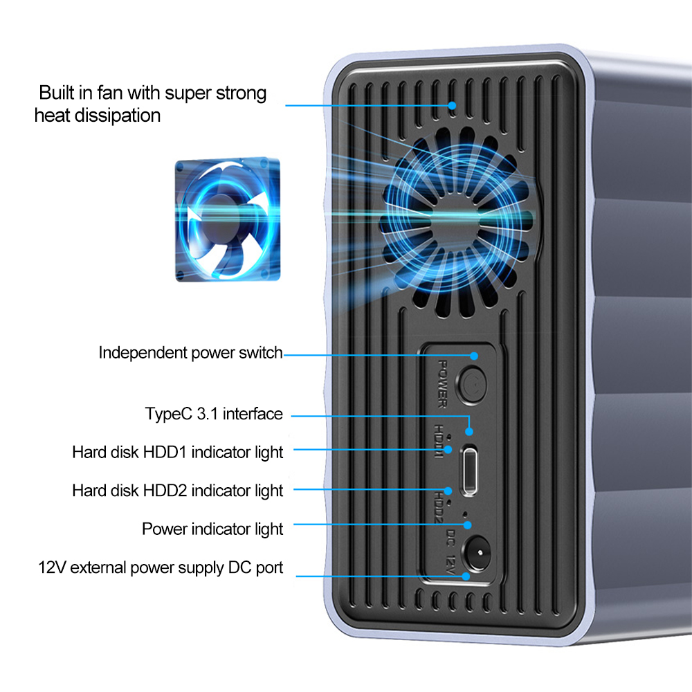 Dual Bay HDD/SSD Case 2.5/3.5 Inch External Hard Drive Enclosure Dual Bay HDD Docking Station Array With RAID Function for PC