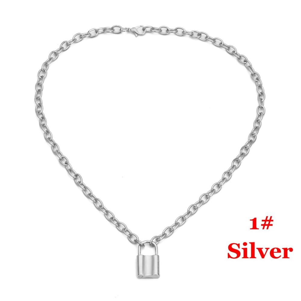 1Pcs Punk Jewelry Gold Silver Color PadLock Pendant Necklace Stainless Steel Rolo Cable Chain Necklace: 5-1-Sliver