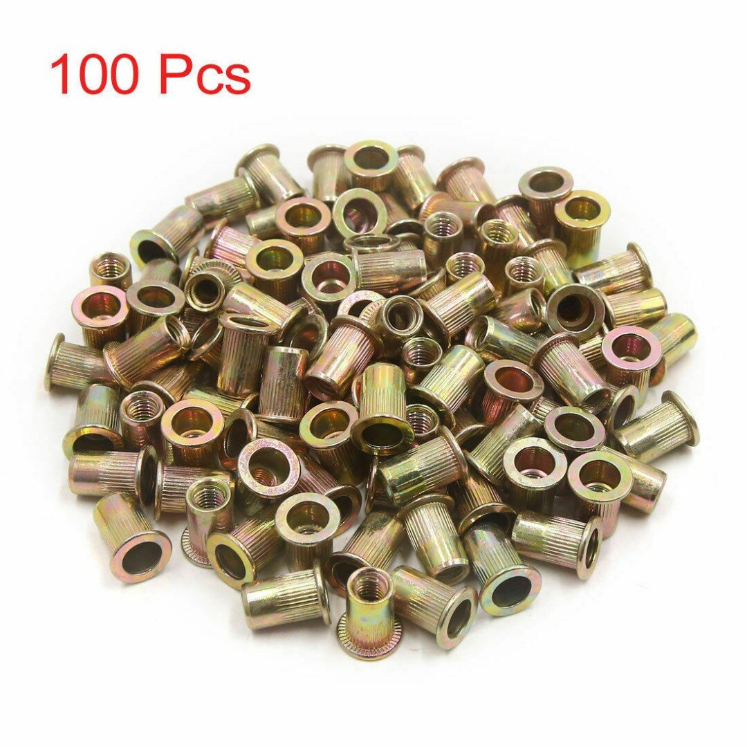 100pcs Car Auto M6 Metric Steel Rivet Nut Flat Head Threaded Insert Nutsert Tool Parts For Steel Plastic Fiberglass Accessories