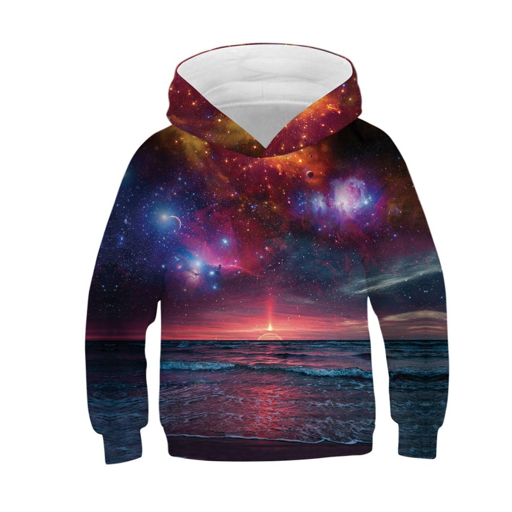 Barn sport hoodies galaxy 3d tryck lösa barn sweatshirts junior barn toppar youngster pullover 4-13y pojke/tjej huvtröja: Barn