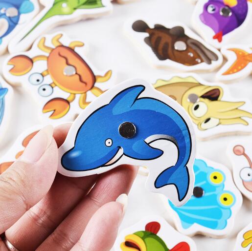 32PCS Wooden 3D Magnet Fish Toys Set Wood Magnetic Fishing Game Children Educational Cartoon Undersea Toy kid Birthday ZXH