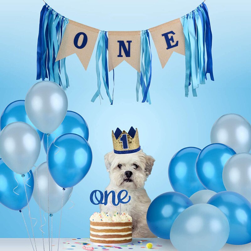 Dog first birthday party burlap banner cake topper pet hat crown for puppy dog birthday decorations