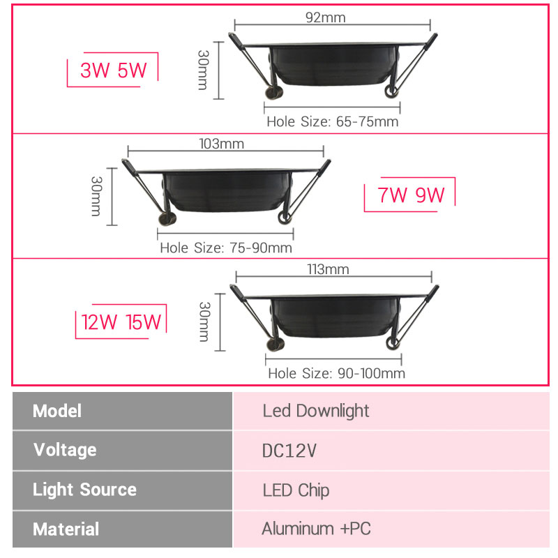 Luz empotrable LED 12V impermeable IP65 7W 9W 12W 15W 3W 5W lámpara de punto de luz de techo negra para baño iluminación exterior e interior