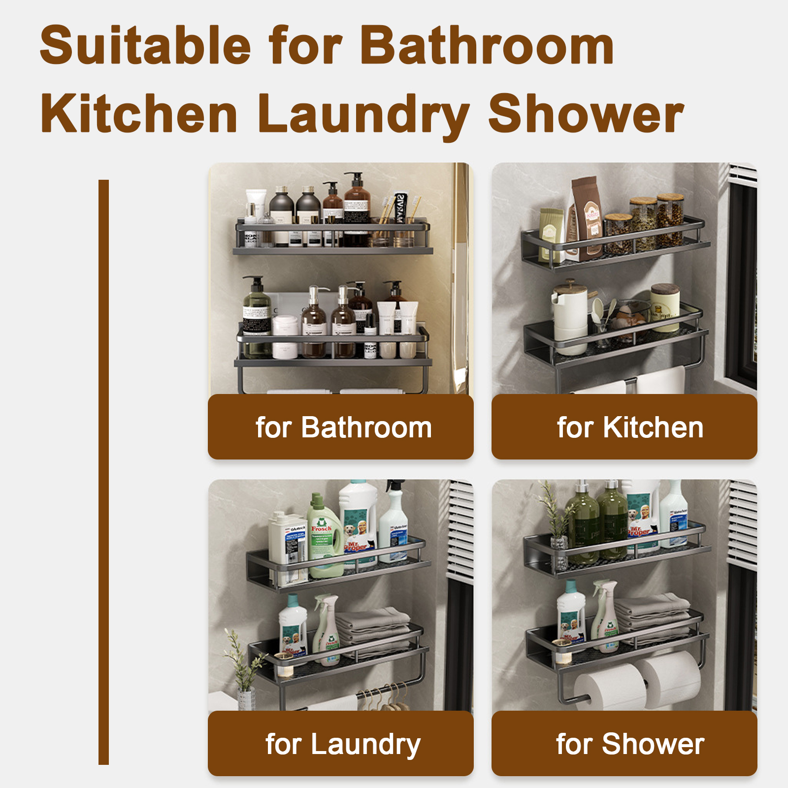 Support de salle de bain sans poinçon, étagère de salle de bain, espace de toilette en aluminium, sans perceuse, support suspendu, organisateur de salle de bain, accrocher au mur