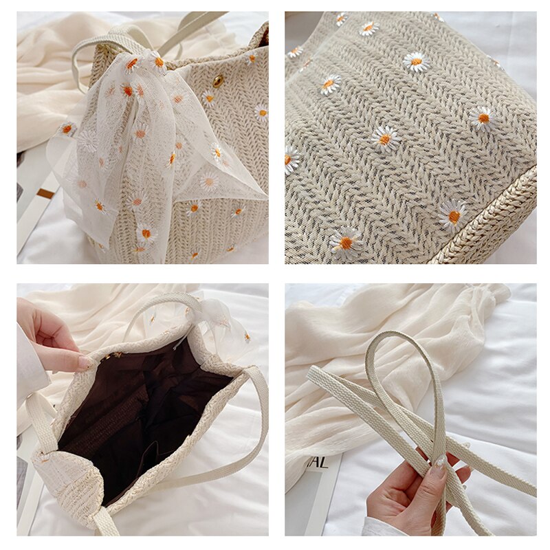 Casual laço floral rattan baldes sacos de vime tecido feminino sacos de ombro senhora bolsas praia verão palha saco grande capacidade tote