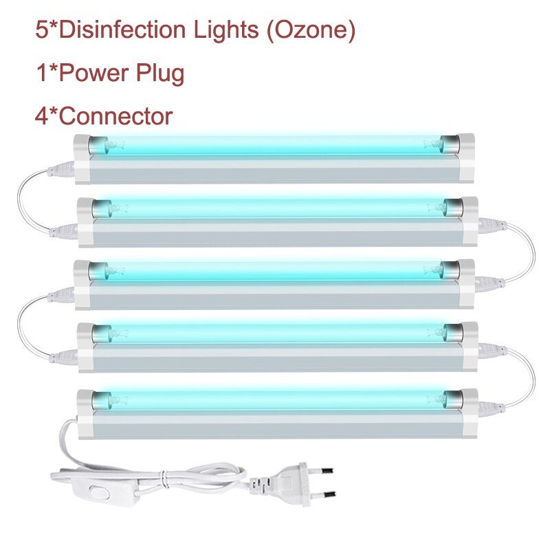 Ozone UV Sterilizer UVC Disinfection Light Bactericidal Lamp Ultraviolet Quartz Germicidal Lamp 110V/220V 6W 8W T5: 5 lamps with plug / 6W 110V