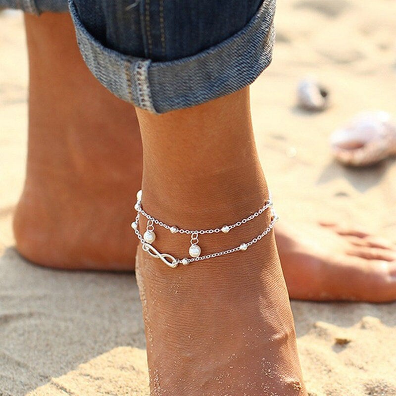 Bohemian Multilayer Tassel Anklets For Women Pearl Beads Dolphin Evil Eye Cactus Shell Pendant Ankle Bracelet Foot Chain Jewelry