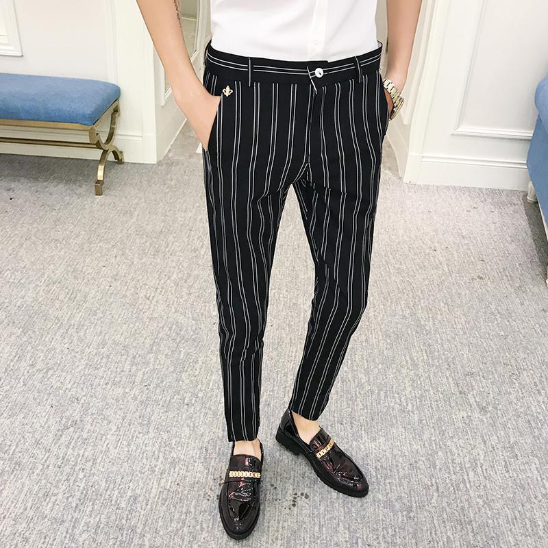 Casual dress bukser til mænd 2 farver slanke mænd ankelbukser herre forman office wear bukser skinny casual stribede bukser