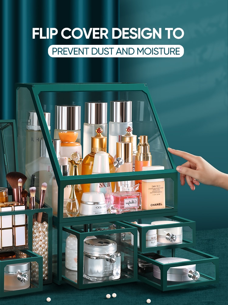 JOYBOS Storage Box Large-Capacity Dressing Table Glass Drawer Cosmetics Skin Care Products Dust-Proof Storage Rack With Lid JX22
